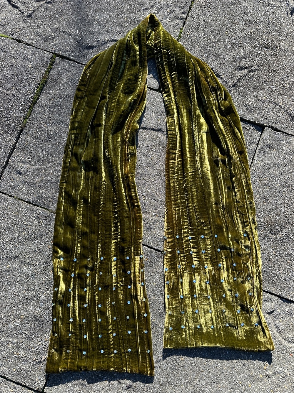 Vintage Olive Green Crushed Velvet Scarf Beaded Sequin Pleated Shawl 90s